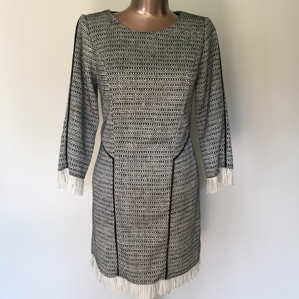 SAM EDELMAN Black White Tweed Fringe Sheath Dress
